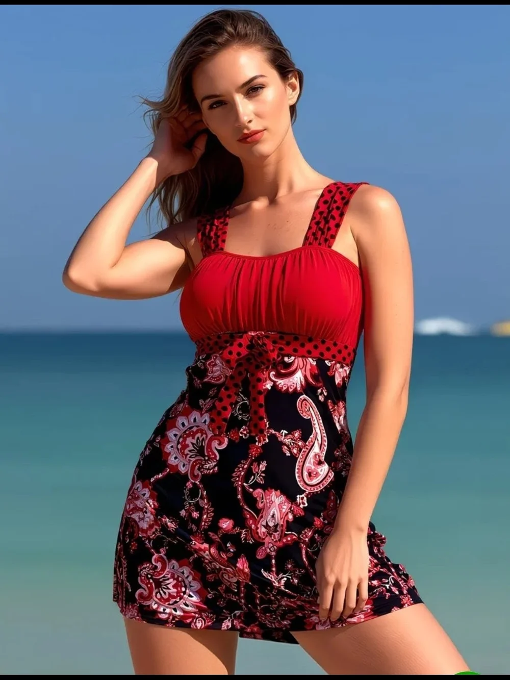 Red Paisley Tankini Two-Piece Swimsuit with Boyshorts - Picture 6 of 9